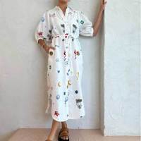 2025 primavera nueva ropa de mujer europea y americana moda suelta impresión solapa corbata burbuja manga camisa vestido 661 - details 2