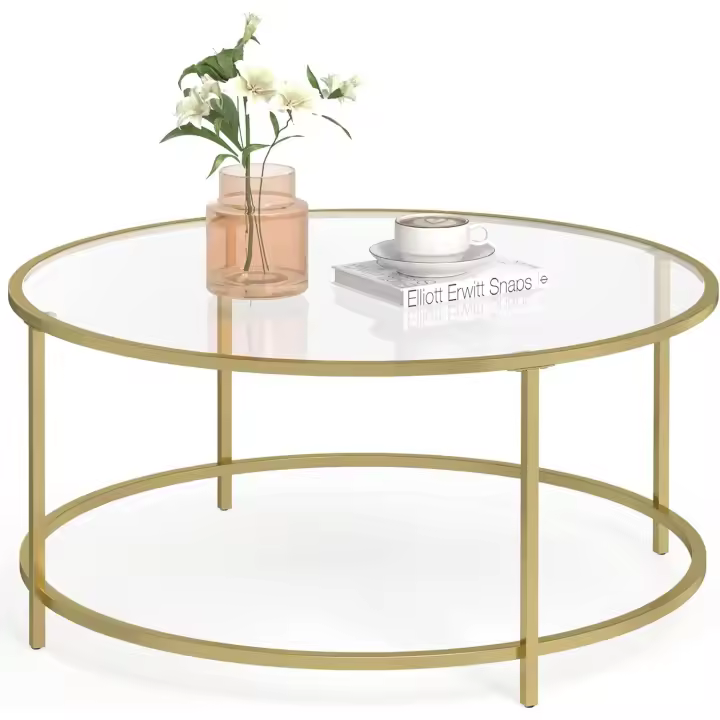Centro Redonda, Mesa de Cristal con Marco de Acero, Mesa de Salón, Mesa de Café, Dorado LGT21G - 1
