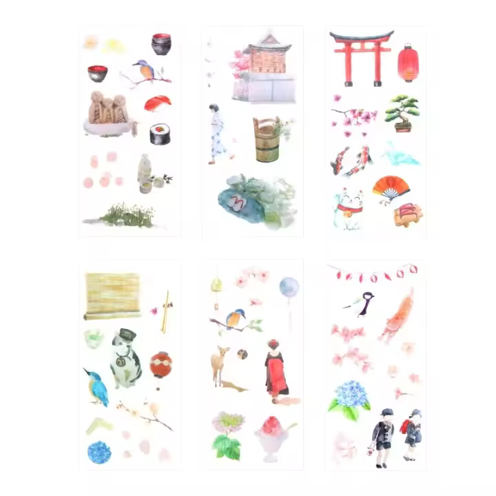 Pegatinas de Diario y Papelería PVC Transparente Creativo con Diseño de Cerezo Japonés nbyinto 6 Hojas/Paquete Decoración para Scrapbooking - 1