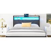 Marco de cama doble de 135 x 190 cm con estación de carga y luces LED, plataforma de metal resistente, marco de cama doble de 135 x 190 cm con cabecero de madera con almacenamiento, no necesita - details 1
