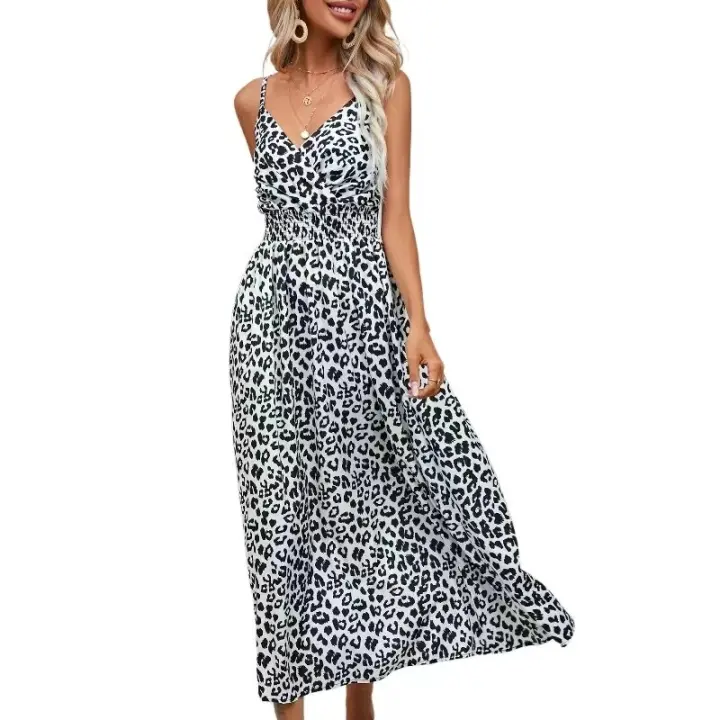 Camisola para mujer, vestidos largos con cuello en V, cintura alta, estampado de leopardo, Blanco S - 1