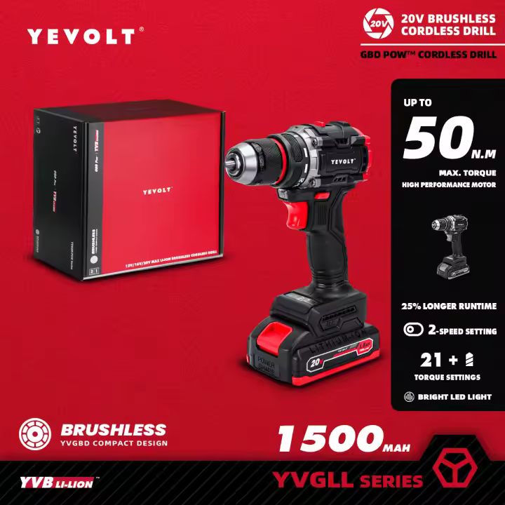 YEVOLT-taladro eléctrico de 20V, destornillador de mano compacto de iones de litio sin escobillas, 21 + 1 controlador, herramientas eléctricas, serie YVGBD20DU2 - 1