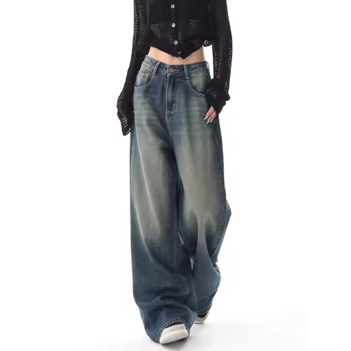 Pantalones vaqueros rectos azules estilo informal Vintage de cintura alta Pantalones largos de mujer estilo coreano pierna ancha pantalones vaqueros holgados - 1