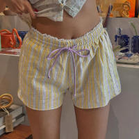 Pantalones cortos básicos cómodos e informales sueltos con botones de cintura elástica tejidos a rayas de verano para mujer - details 69