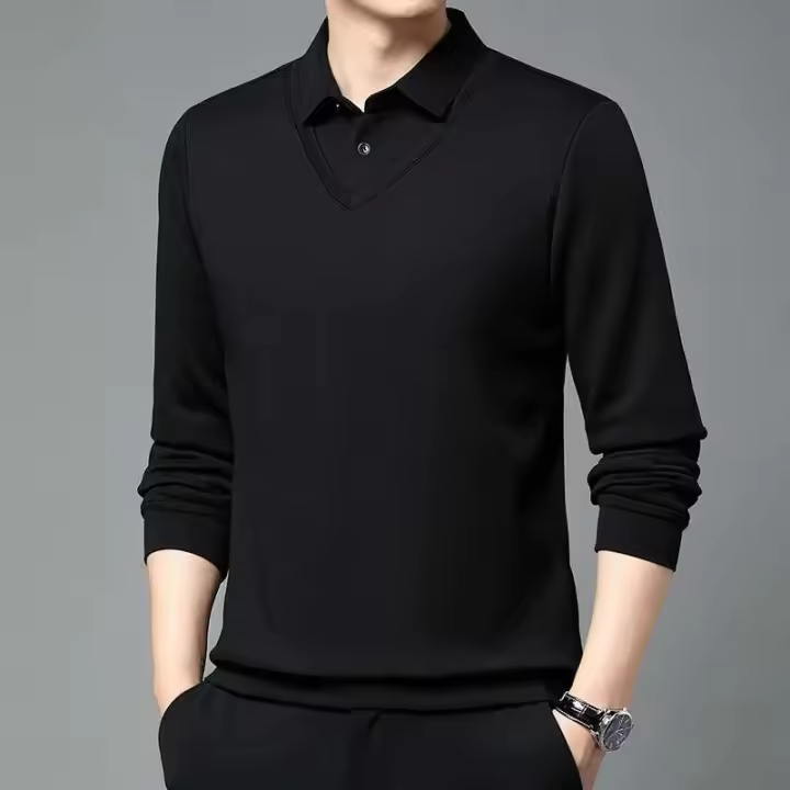 Conjunto de polo de dos piezas de manga larga falsa para hombre, camiseta informal de moda, top multifuncional cómodo para todas las estaciones, bloqueado - 1