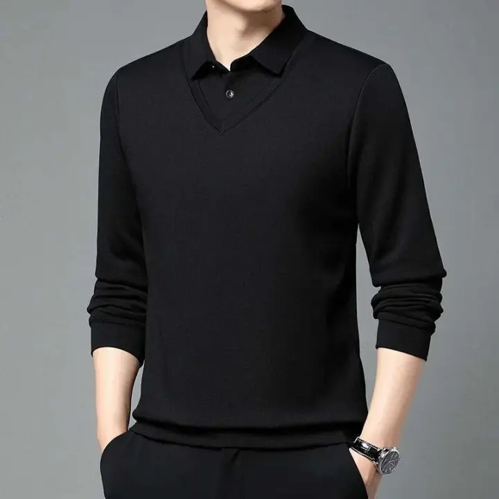 Conjunto de polo de dos piezas de manga larga falsa para hombre, camiseta informal de moda, top multifuncional cómodo para todas las estaciones, bloqueado - 1