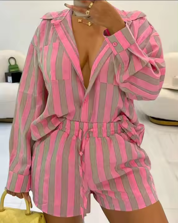 Conjunto de Pantalones Cortos de Verano 2024 Estampado a Rayas Camisas de Manga Larga - 1