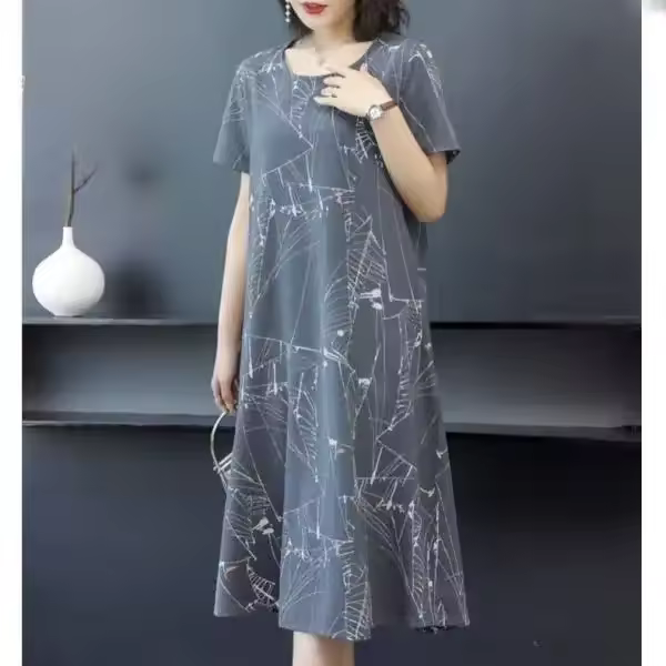 Vestido de Estilo Étnico Vintage para Mujeres Cintura Delgada, Ajuste Suelto, Manga Corta, Falda A-línea Ideal para Damas Mayores - 1