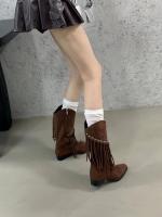 Maillard Botas vaqueras occidentales Botas cortas con flecos retro Botas medianas de tacón puntiagudo Botas ajustadas de otoño e invierno para mujer - details 6