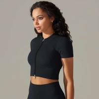 Hamidou-Camiseta deportiva con cremallera para mujer, Top elástico ajustado y transpirable, ropa deportiva para gimnasio, correr y Yoga - details 0