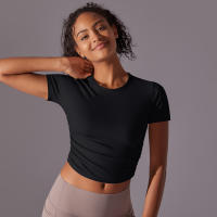 Hamidou-camisetas deportivas ajustadas de manga corta para mujer, Tops atléticos de color sólido para entrenamiento, gimnasio, correr, ropa deportiva - details 16