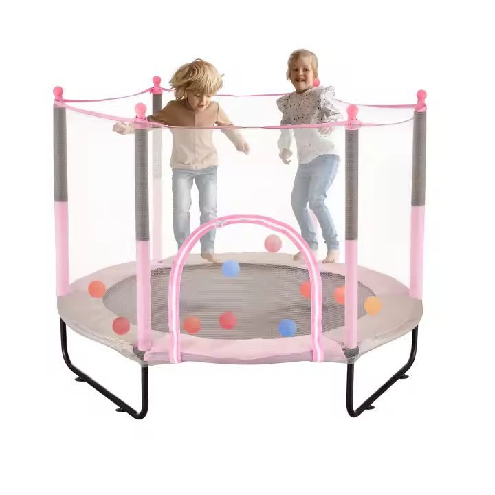 SucceBuy Trampolín para niños de 60 pulgadas, mini trampolín interior/exterior de 5 pies con red de seguridad y aro de baloncesto, para niños de más de 3 años, rosa - 1
