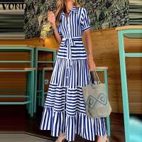 Vestido de mujer 2025, vestido veraniego a rayas bohemio, Vestidos con volantes de verano, VONDA, informal, holgado, con cuello de solapa, estampado, bata con cinturón de gran tamaño - details 1