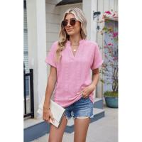 BUNO-2025 Blusas informales para mujer, camisas holgadas de manga corta con cuello de pico de Jacquard bordado a la moda, Tops elegantes de colores sólidos para verano - details 34