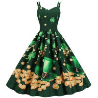Spaghetti strap summer women green floral print high waist slim elegant vintage a-line midi dress - details 1