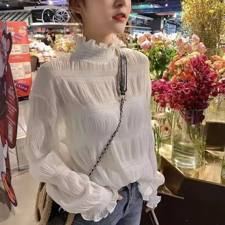 Blusa inferior para mujer con borde de oreja hermoso estilo extranjero nuevo cuello Semi alto Otoño e Invierno con Top de gasa de hadas - 1