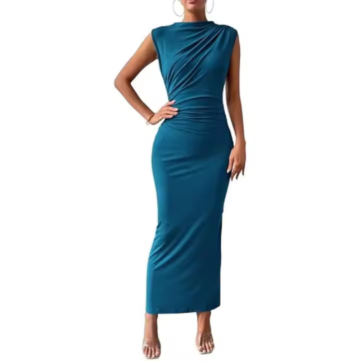 Moda mujer ropa de mujer vestido casual de color sólido, sin mangas, cuello redondo, dobladillo plisado abierto - 1
