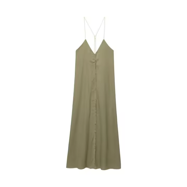 PB&ZA2025Vestido holgado y cómodo con cuello en V, línea A simple, color sólido, con tirantes, falda larga, novedad de verano, ropa de mujer - 1