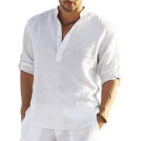 Padola-Camiseta de lino para hombre, camisa holgada de manga larga, lisa, ajuste Regular, transpirable, informal, Henley, Verano - details 6