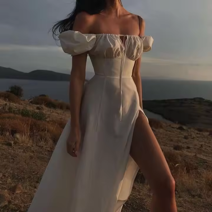 Vestido Largo Francés de Hombro Único para Mujer 2024 Mangas Abullonadas, Cordón, Delgado Casual con Ranura - 1