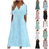 Elegante Vestido de Manga Corta con Cuello Redondo Color Sólido, Moda Casual con Bolsillos y Botones - details 29