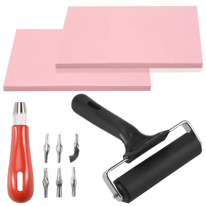 Kit de fabricación de sellos de goma, Kit de herramientas de impresión de bloques, cortador de linóleo con 6 tipos de cuchillas, papel de trazado para tallado de sellos artesanales - 1