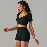 Hamidou-Conjunto de ropa deportiva sin costuras para mujer, Leggings de cintura alta, camisetas de manga corta, pantalones cortos, conjunto de 2 piezas, ropa de gimnasio - details 15