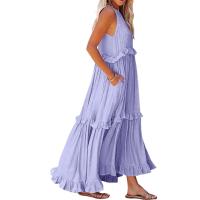 Vestido De Camisola Para Mujer Estilo Europeo Y Americano Verano Nuevo Con Aros Largo Y Volante Sin Mangas Cuello En V Vestido Largo - details 22