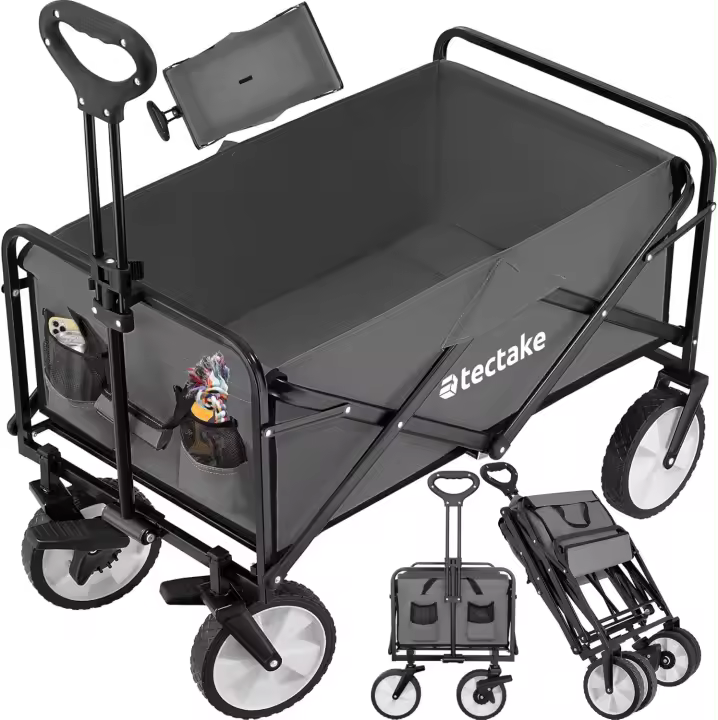 Carro Plegable para Jardín, Carro Transporte en Acero, Carrito Playa con Asa Telescópica, Carretilla Jardín con Lona Extraíble, Carro Camping Multiuso con Bolsa Transporte, Carga 80 kg, Negro - 1