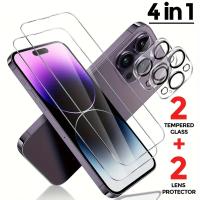 Protector de Pantalla y Lente de Cámara para iPhone 15 Pro Max /15 Pro /15 /15 Plus /11 /12 /13 /14 Pro Max Película de Vidrio Templado 4 en 1 Accesorios para Teléfono Móvil Compatibilidad con APPLE Normales Productos Peligrosos - details 0
