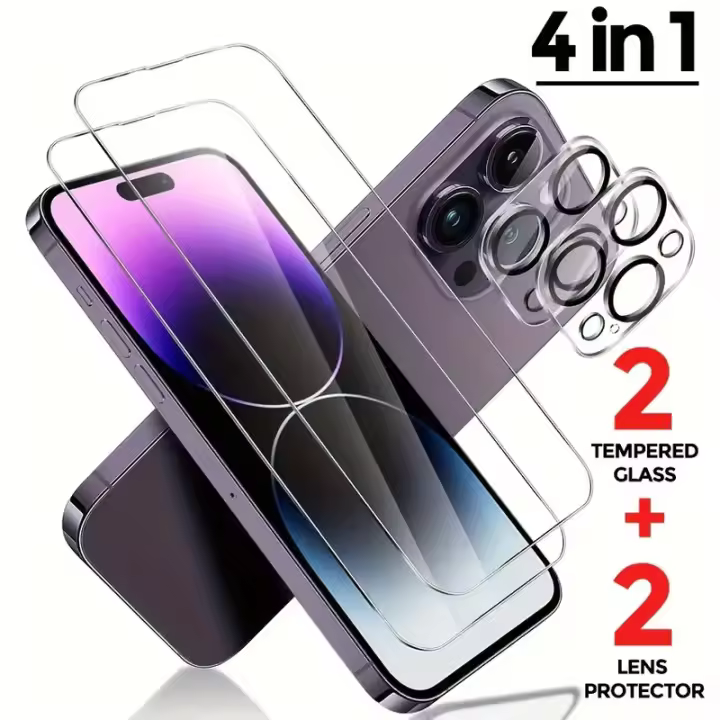 Protector de Pantalla y Lente de Cámara para iPhone 15 Pro Max /15 Pro /15 /15 Plus /11 /12 /13 /14 Pro Max Película de Vidrio Templado 4 en 1 Accesorios para Teléfono Móvil Compatibilidad con APPLE Normales Productos Peligrosos - 1