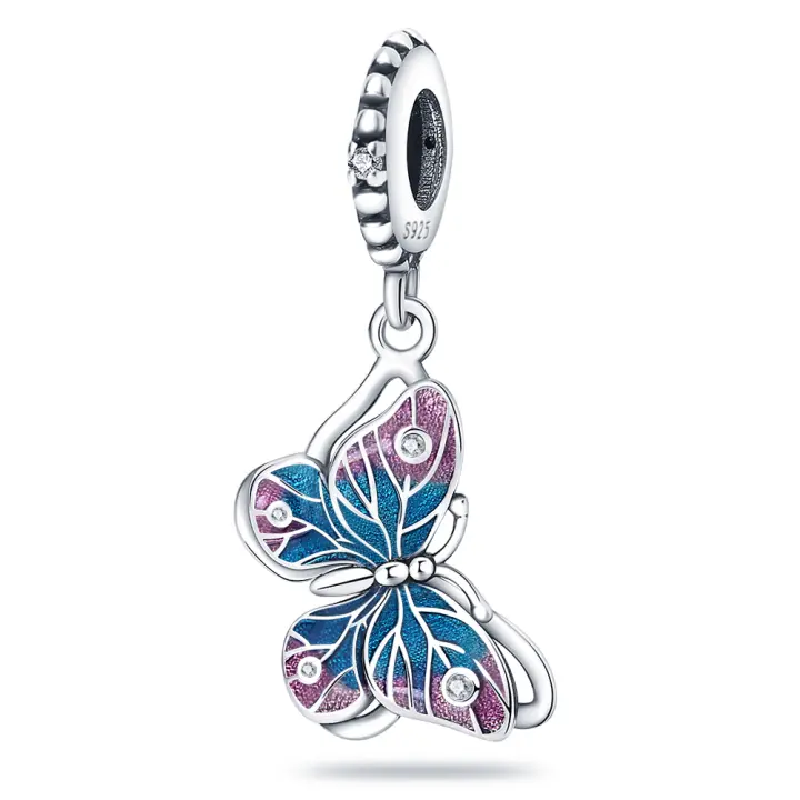 Pulsera de plata de ley 925 con diseño de mariposa azul y cita, colgante doble, 925 Original, para fabricación de joyas - 1