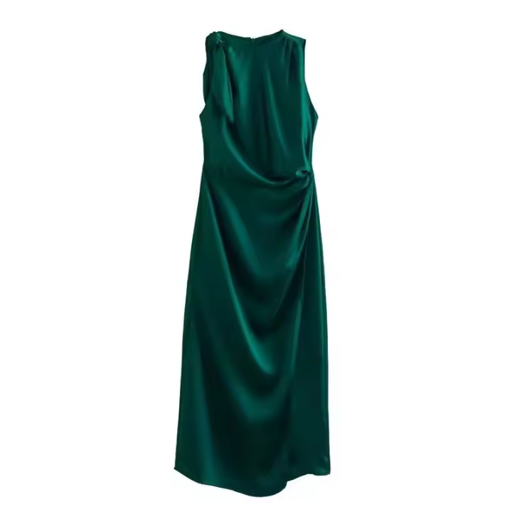 Primavera y verano nueva ropa de mujer estilo europeo y americano cuello redondo sin mangas plisado seda satén textura chaleco vestido largo - 1