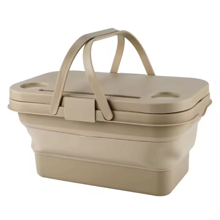 Caja de almacenamiento de plástico plegable para picnic, cesta de picnic plegable para acampar de gran capacidad con mango de portavasos doble de 16L - 1