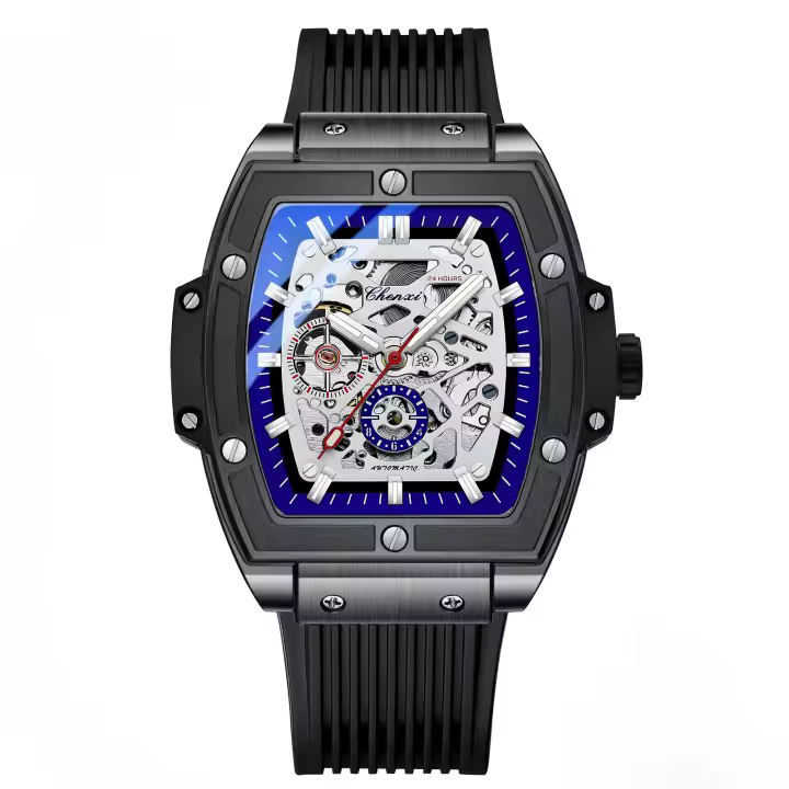 Reloj mecánico automático de alta gama con caja cuadrada de vino, fondo hueco, correa de silicona impermeable y luminosa para hombre. - 1