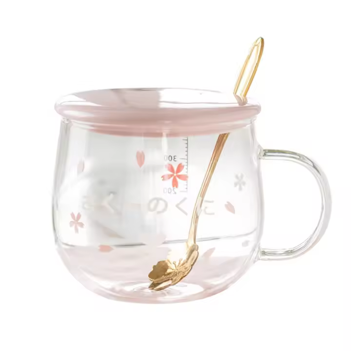 Taza de café creativa de vidrio Sakura de 400Ml, taza de agua transparente resistente al calor con tapa de mango, cuchara, B - 1