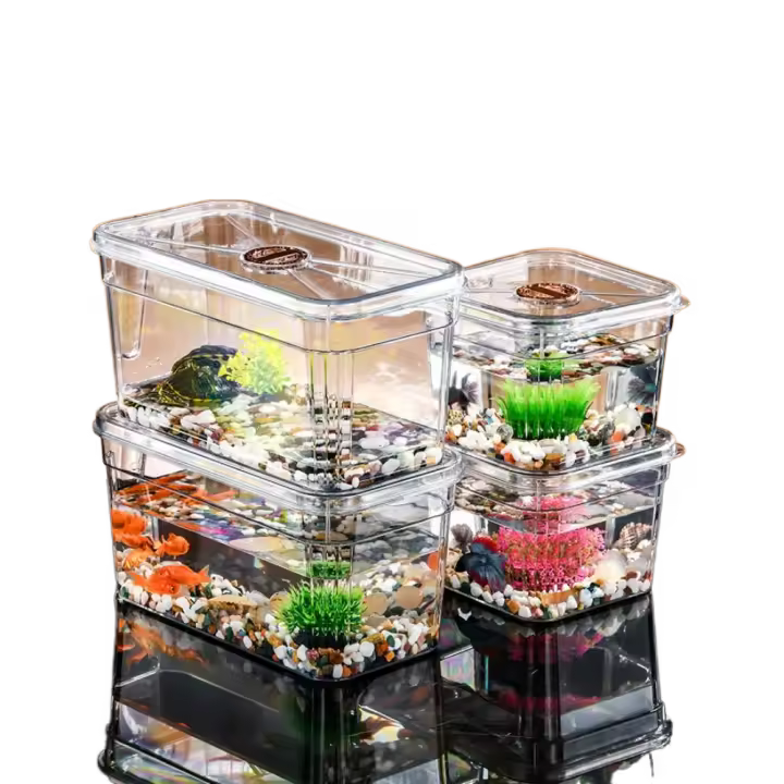 Cuenco para peces dorados de escritorio cuadrado/rectangular, pecera de plástico transparente resistente a roturas, a prueba de polvo con tapa y asa, cuenco Betta - 1