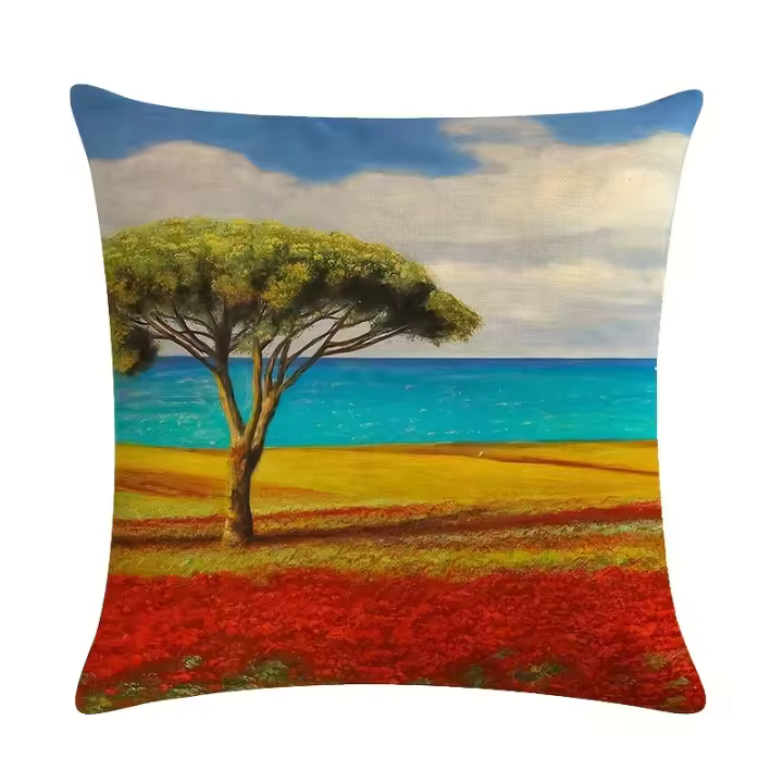 4 piezas, Fundas De Almohada Decorativas De Lino Con Pintura Al Óleo De Campo De Trigo Dorado Y Hojas De Arce - 1
