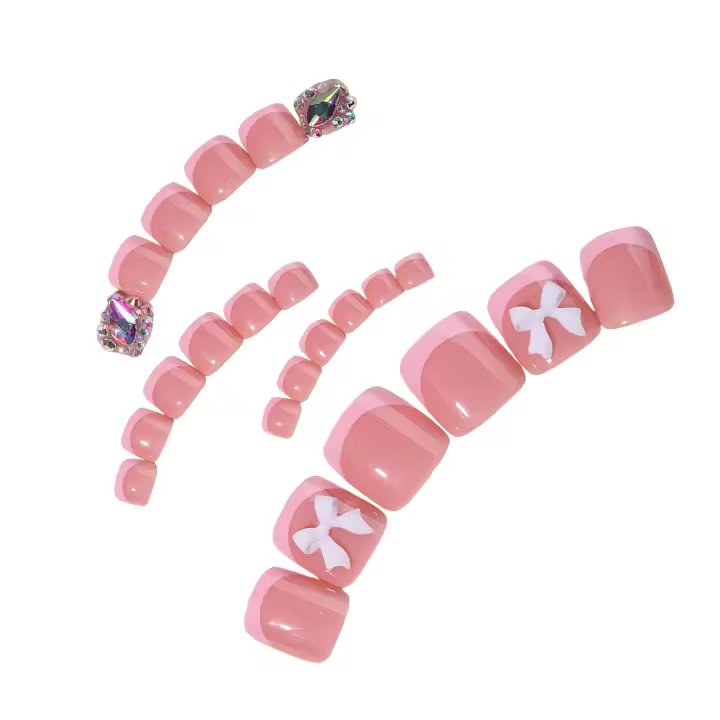 Uñas postizas rosas con lazo 3D, material seguro de larga duración, impermeable, vestido de niña caliente a juego - 1