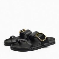 Nuevas zapatillas negras de gran oferta para mujer, sandalias de plataforma de verano, zapatos planos de cuero para mujer, zapatillas con punta abierta, tacones planos, decoración de Metal - details 1