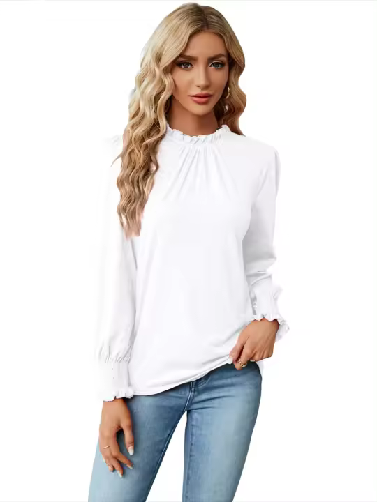 Tops con cuello para mujer, camiseta de algodón lisa holgada para otoño e invierno, camiseta elegante, moda, - 1