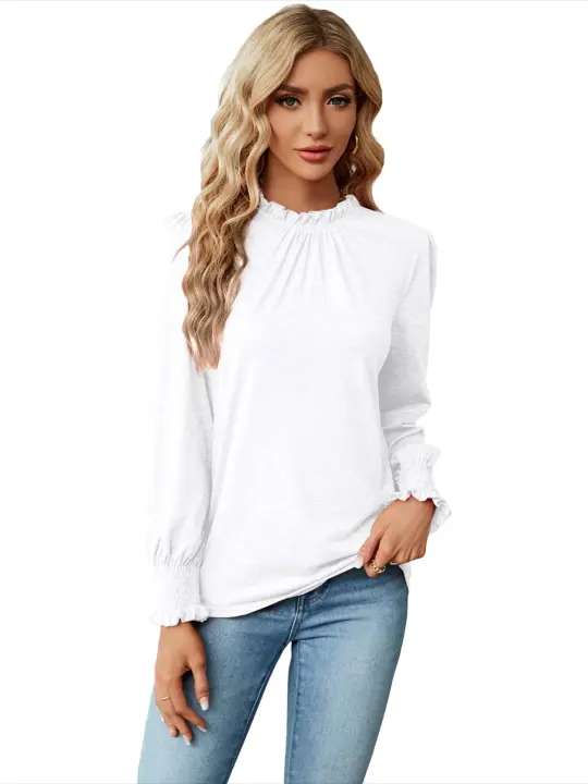 Tops con cuello para mujer, camiseta de algodón lisa holgada para otoño e invierno, camiseta elegante, moda, - 1