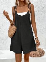 Mono informal sin mangas para mujer: mezcla ligera, color beige sólido con correas ajustables y detalles de botones, atuendo versátil para todas las estaciones para atuendo informal, ropa informal de verano |   Mono sin mangas |   Mono ligero - details 7