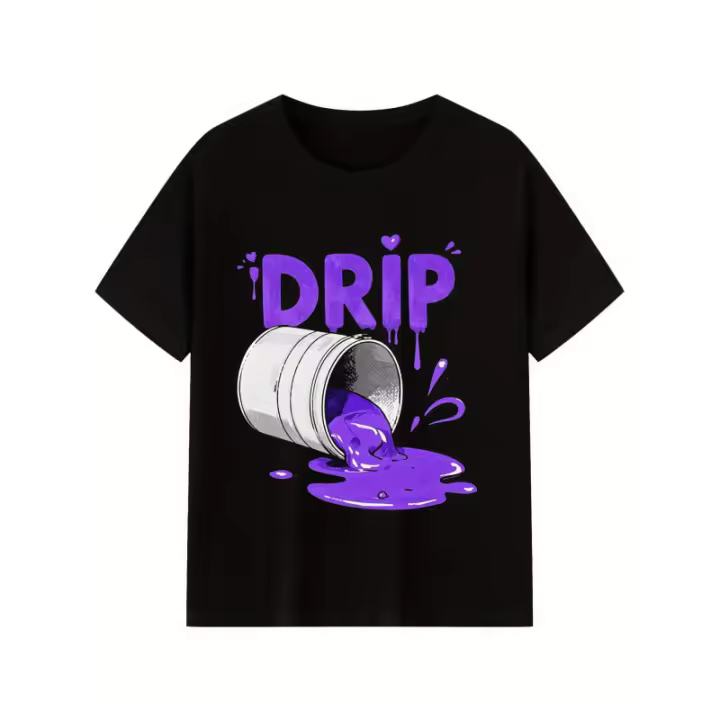 Camiseta con patrón de goteo para hombre, cuello redondo de algodón, cómoda e informal, estilo suave de alta calidad, adecuada para todas las estaciones, diseño de pintura en forma de gota negra y morada, tela de punto, comodidad diaria - 1