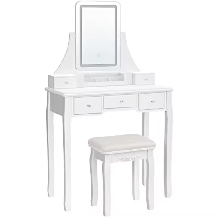 Tocador, Mesa de Maquillaje con Luces LED de 3 Colores y Brillo Ajustable, Espejo Giratorio 360 ° , con Taburete Acolchado, 5 Cajones y 1 Organizador Extraíble - 1