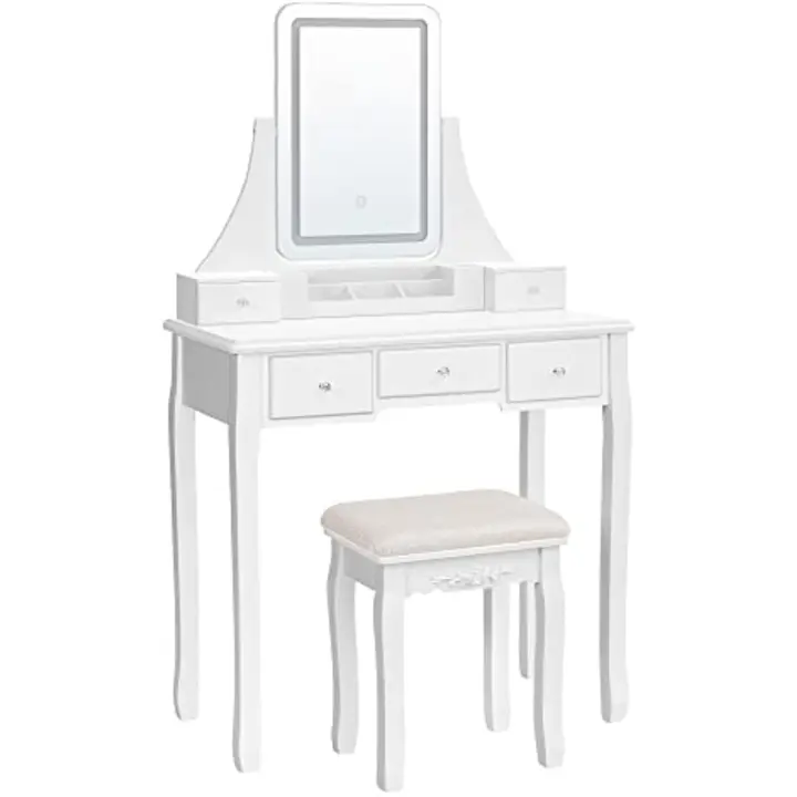 Tocador, Mesa de Maquillaje con Luces LED de 3 Colores y Brillo Ajustable, Espejo Giratorio 360 ° , con Taburete Acolchado, 5 Cajones y 1 Organizador Extraíble - 1