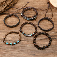 Conjunto de 6 pulseras boho madera cuentas vintage cabeza de toro ojos plumas multicapa artesanales regalos para hombre - details 20