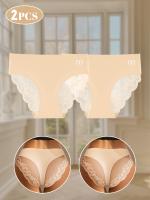 2 piezas de bragas de cintura media de encaje en contraste para mujer, bragas ligeras transpirables sin costuras, detalle de monograma sexy, ribete de encaje de moda primavera/verano, tejidos suaves - details 5