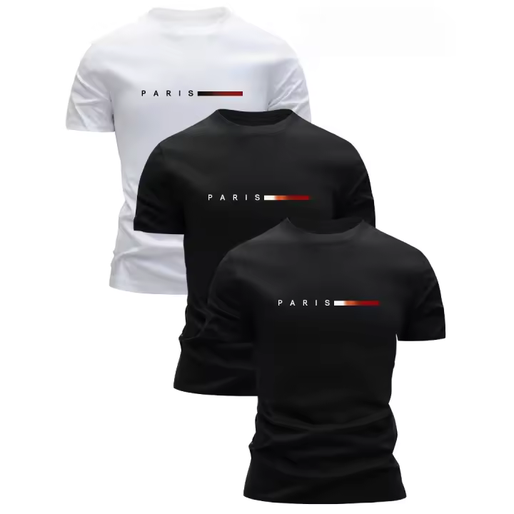 Conjunto de 3 Camisetas de Algodón 100% para Hombres Cuello Redondo, Mangas Cortas, Diseño de Impresión, Ropa Casual Transpirable para Salidas, Moda Callejera - 1