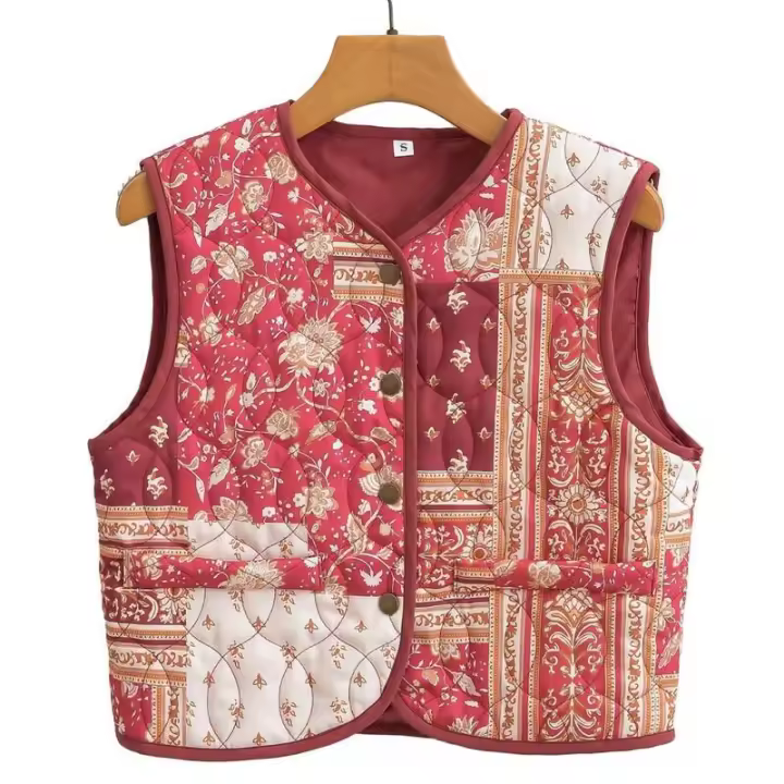 BUNO-Chaleco acolchado con estampado de flores rojas chinas para mujer, abrigo sin mangas, cuello en V, botones cubiertos, ropa de abrigo corta Vintage, 2025 - 1
